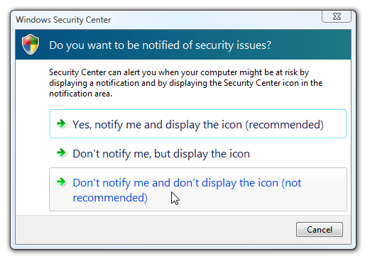 Disable Security Center Notifications