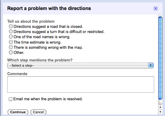 Report Biking Direction Problem to Google