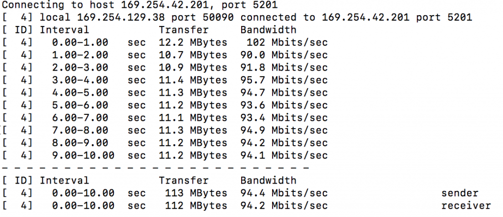 iPerf output showing 100 Mbits/sec speed capability of cable